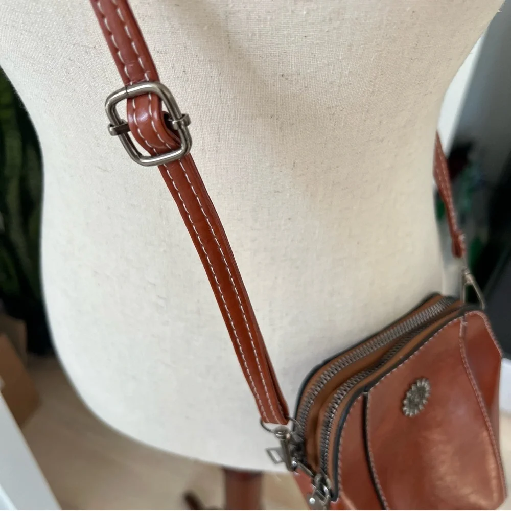 Cognac Leather Mini Vertical Cell Phone Crossbody Bag - Picture 4 of 11